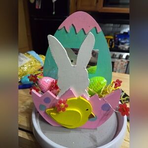 Wooden Easter Bunny & Chick Centerpiece - Pink, White, Green, Yellow Handcrafted